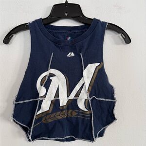 Majestic Womens Custom Cropped Milwaukee Brewers MLB Exposed Hem Cropped Top, L